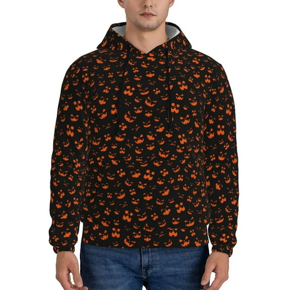 Wukai Spooky Pumpkin Face Print Men Hoodies Fleece Sweatshirts Long Sleeve Sweaters Pullover Fall Outfits Winter Clothes-Medium