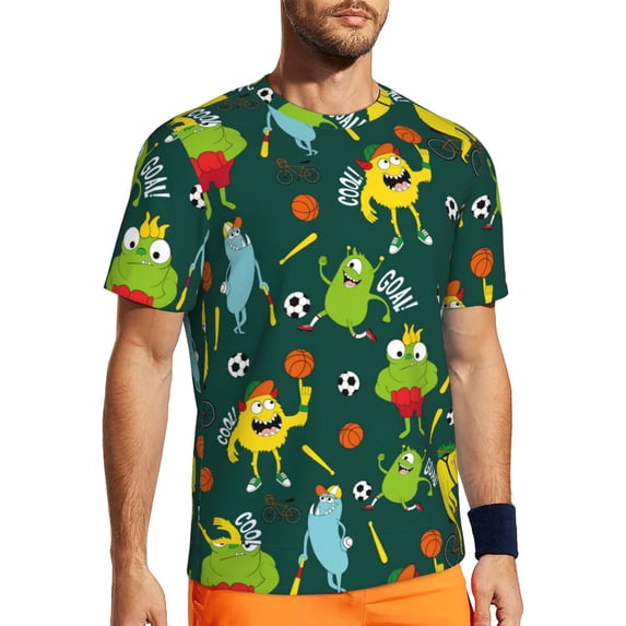 Wukai Sport Monster Print Men's Short-Sleeved Mesh T-Shirt,Quick-Dry Short Sleeve Workout T-Shirt-Small