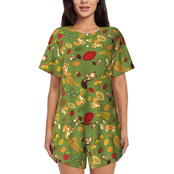 Wukai Squirrel And Fox In The Forest Women's Pajama Set,Short-Sleeve Top and Shorts with Elastic Waistband and Pockets for Loungewear, Yoga, and Casual Wear-4X-Large