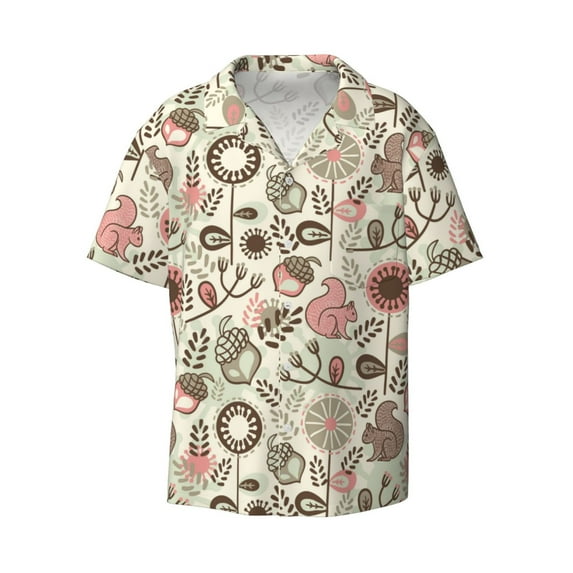 Wukai Squirrel In The Forest Men's Casual Short-Sleeve Button Down Shirt - Lightweight Summer Dress Shirt for Daily Wear-4X-Large