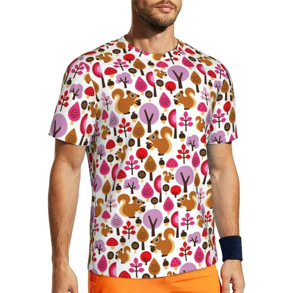 Wukai Squirrel In The Forest Print Men's Short-Sleeved Mesh T-Shirt,Quick-Dry Short Sleeve Workout T-Shirt-Small