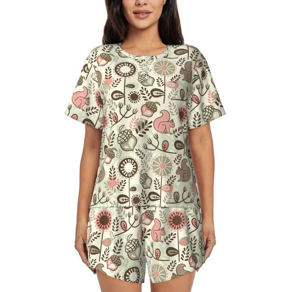 "Wukai Squirrel In The Forest Women's Pajama Set - Short-Sleeve Top and Shorts with Elastic Waistband and Pockets for Loungewear, Yoga, and Casual Wear-3X-Large