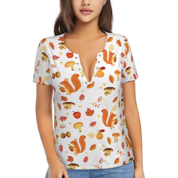 Wukai Squirrel InThe Forest3 Casual V-Neck Graphic Tees for Women: Lightweight and Breathable Summer Tops with Stylish Design-Large