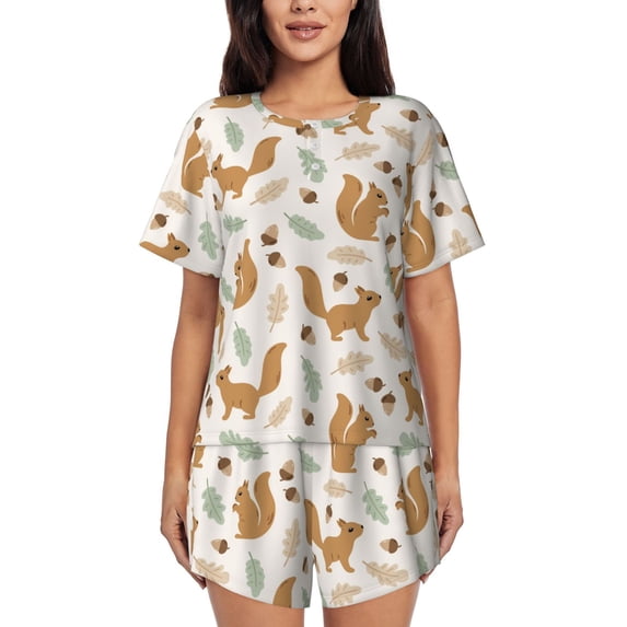 Wukai Squirrel And Leaves Print Women's Pajama Set - Short-Sleeve Top and Shorts with Elastic Waistband and Pockets for Loungewear, Yoga, and Casual Wear-3X-Large