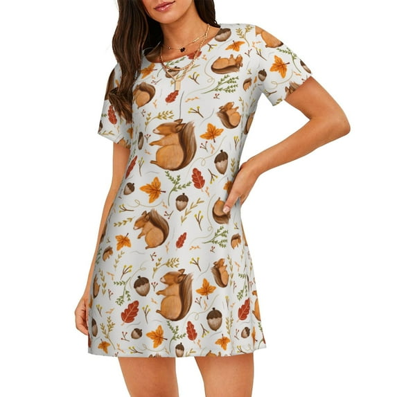 Wukai Squirrel Print Women's Loose Short Sleeve Nightgown, Soft Sleep Dress for Comfortable Relaxation, Casual Lounge Wear