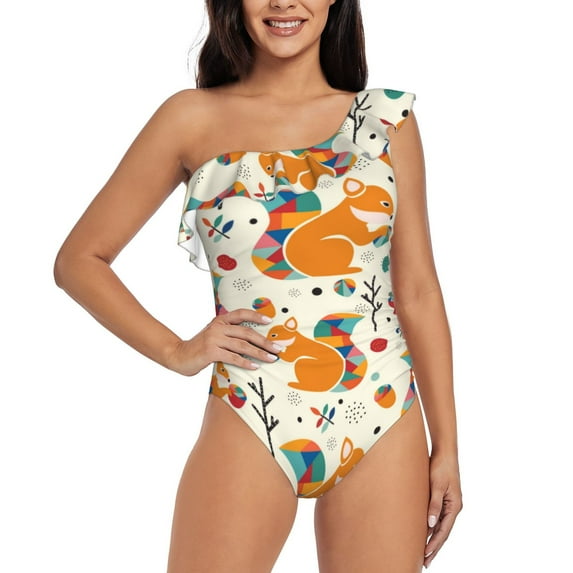Wukai Squirrel With Colorful Tail Chic One Shoulder Swimwear with Ruffle Design and Tummy Control Skirt: Fashionable, Supportive, Comfortable for Beach-Medium