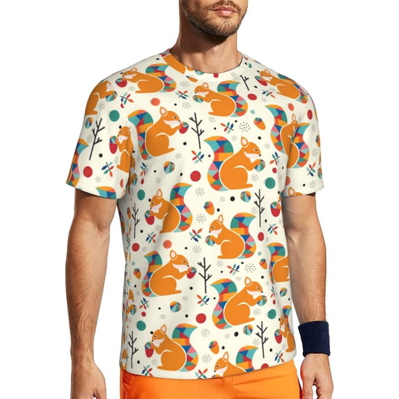 Wukai Squirrel With Colorful Tail Print Men's Short-Sleeved Mesh T-Shirt,Quick-Dry Short Sleeve Workout T-Shirt-5X-Large