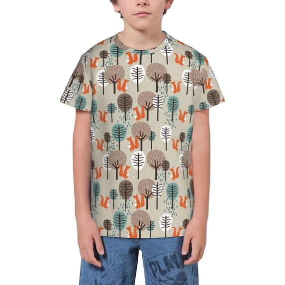 Wukai Squirrels and Trees Youth Unisex Short Sleeve T-Shirt for Boys, Girls, Teens, and Kids-Small