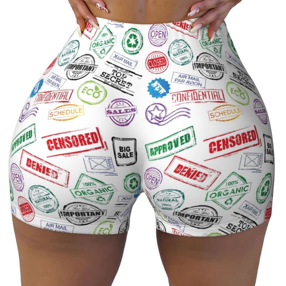 Wukai Stamp Set Collection Print Pack Biker Shorts for Women Yoga Workout Gym Running Scrunch Active Shorts-XX-Large