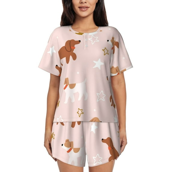 Wukai Star Cute Dog Women's Pajama Set,Short-Sleeve Top and Shorts with Elastic Waistband and Pockets for Loungewear, Yoga, and Casual Wear-X-Large