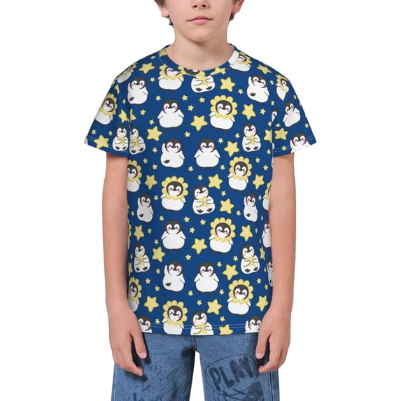 Wukai Star Penguin Youth Unisex Short Sleeve T-Shirt for Boys, Girls, Teens, and Kids-Medium