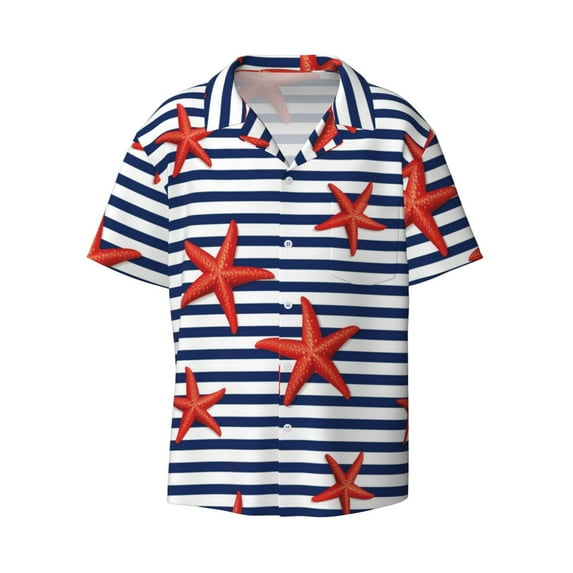 Wukai Starfish Navy Blue Stripe Men's Casual Short-Sleeve Button Down Shirt - Lightweight Summer Dress Shirt for Daily Wear-X-Large
