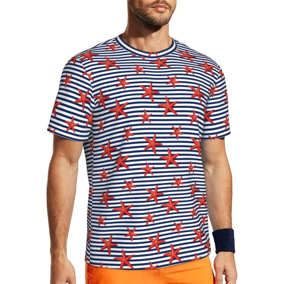 Wukai Starfish Navy Blue Stripe Print Men's Short-Sleeved Mesh T-Shirt,Quick-Dry Short Sleeve Workout T-Shirt-X-Small