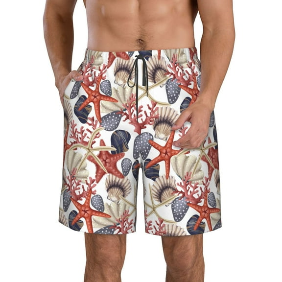 Wukai Starfish Shell Print Beach Trunks with Compression Liner Swimsuit Quick Dry Beach Sports Shorts with Pocket-X-Large