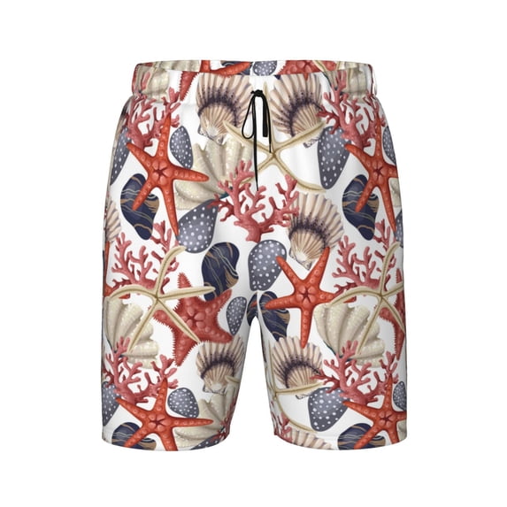 Wukai Starfish Shell Print Teen Beach Trunks with Compression Liner Swimsuit Quick Dry Beach Sports Shorts with Pocket - Large