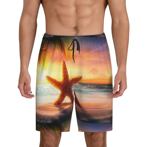 Wukai Starfish Sunset Sea Beach Men’s Short Pajama Pants With Pockets Soft Sleep Pj Shorts for Men-3X-Large