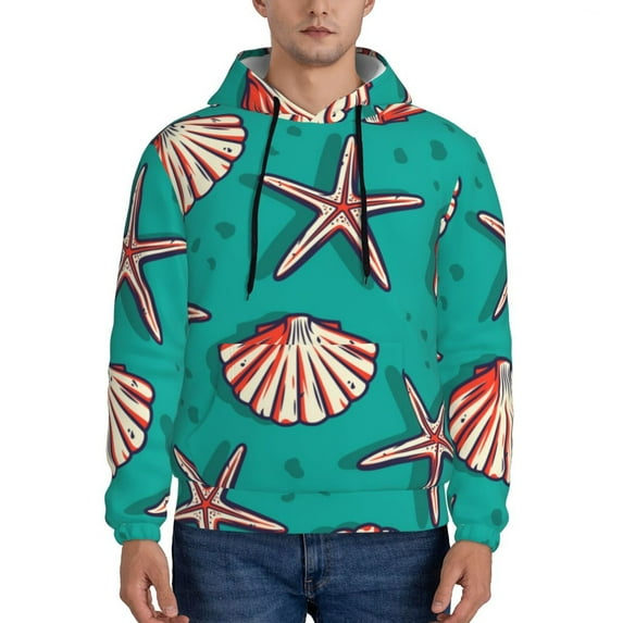 Wukai Starfish and Shell Print Men Hoodies Fleece Sweatshirts Long Sleeve Sweaters Pullover Fall Outfits Winter Clothes-Small