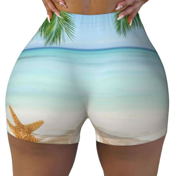 Wukai Starfish in Beach Print Pack Biker Shorts for Women Yoga Workout Gym Running Scrunch Active Shorts-XX-Large
