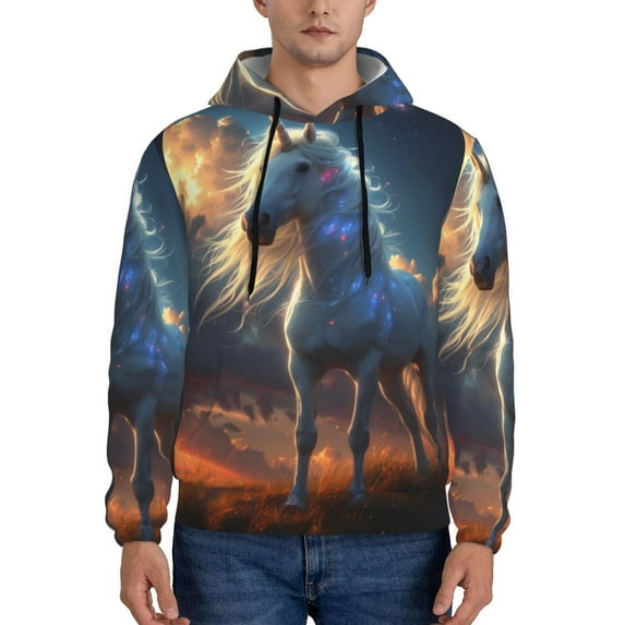 Wukai Starry Light White Horse Print Men Hoodies Fleece Sweatshirts Long Sleeve Sweaters Pullover Fall Outfits Winter Clothes-3X-Large