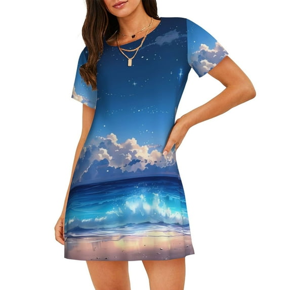 Wukai Starry Night Ocean View Print Women's Loose Short Sleeve Nightgown, Soft Sleep Dress for Comfortable Relaxation, Casual Lounge Wear