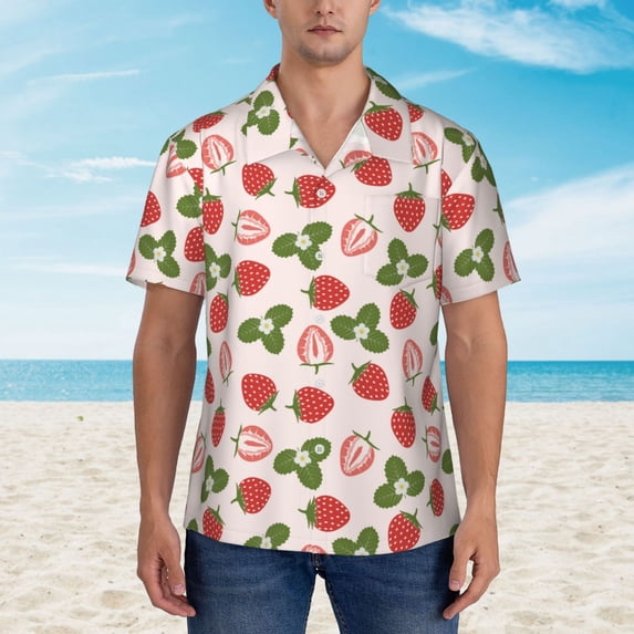 Wukai Strawberries And Leaf Men's Hawaiian Shirt Short Sleeve Casual Button Down Summer Beach Aloha Shirt Tropical Print Holiday Party