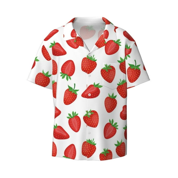 Wukai Strawberries Men's Casual Short-Sleeve Button Down Shirt - Lightweight Summer Dress Shirt for Daily Wear-Medium