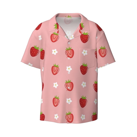 Wukai Strawberries Men's Casual Short-Sleeve Button Down Shirt - Lightweight Summer Dress Shirt for Daily Wear-XX-Large