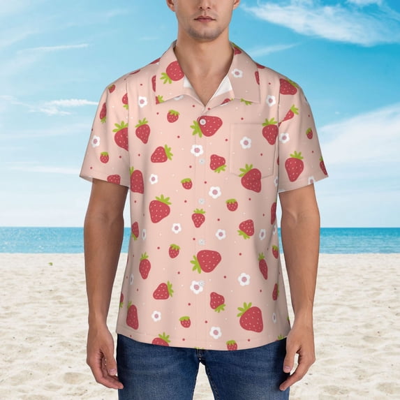 Wukai Strawberries Men's Hawaiian Shirt Short Sleeve Casual Button Down Summer Beach Aloha Shirt Tropical Print Holiday Party