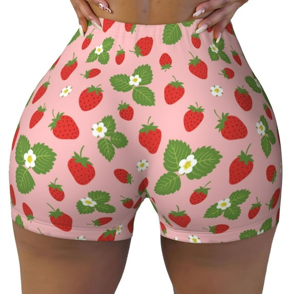 Wukai Strawberries Print Pack Biker Shorts for Women Yoga Workout Gym Running Scrunch Active Shorts-