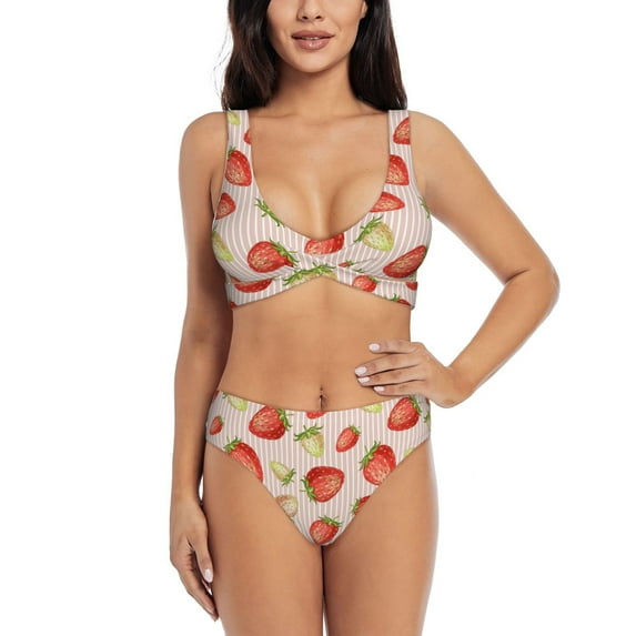 Wukai Strawberries Women's Bikini Set Two Piece,wimsuit High Waisted V Neck Twist Front Adjustable Spaghetti Straps Bathing Suit-XX-Large