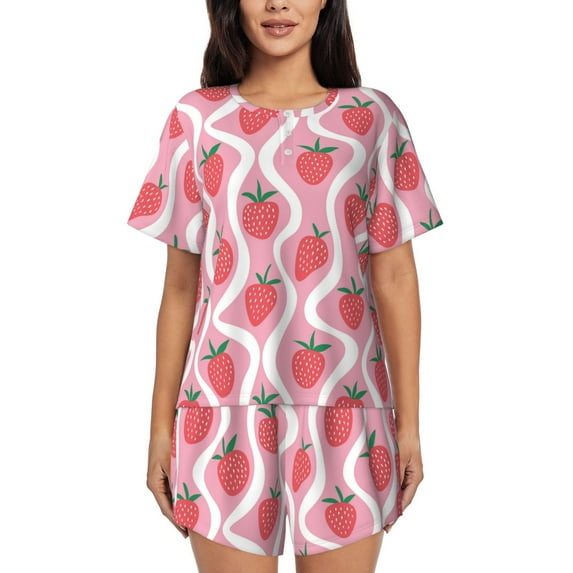 "Wukai Strawberries Women's Pajama Set - Short-Sleeve Top and Shorts with Elastic Waistband and Pockets for Loungewear, Yoga, and Casual Wear-Medium
