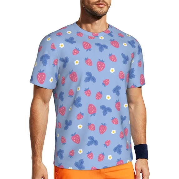 Wukai Strawberry And Flowers Print Men's Short-Sleeved Mesh T-Shirt,Quick-Dry Short Sleeve Workout T-Shirt-5X-Large