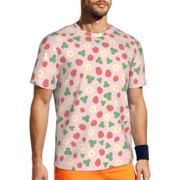 Wukai Strawberry And Flowers Print Men's Short-Sleeved Mesh T-Shirt,Quick-Dry Short Sleeve Workout T-Shirt-Small