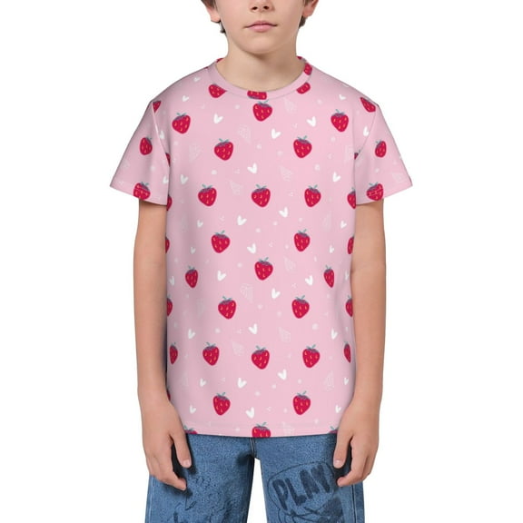 Wukai Strawberry And Heart Youth Unisex Short Sleeve T-Shirt for Boys, Girls, Teens, and Kids-X-Small
