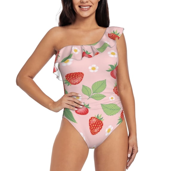 Wukai Strawberry Floral Chic One Shoulder Swimwear with Ruffle Design and Tummy Control Skirt: Fashionable, Supportive, Comfortable for Beach-Medium