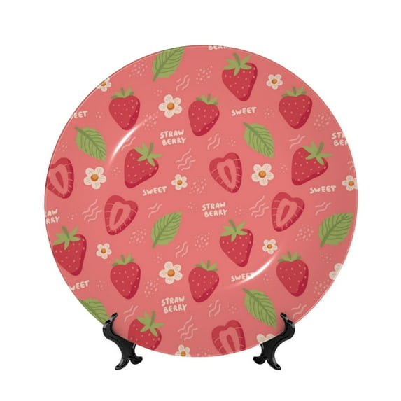 Wukai Strawberry Floral Print Decorative Plate for Display,Bone China Decorative Plate, Ceramic Dinner Plate with Stand, Vertical Ceramic Plate-7in