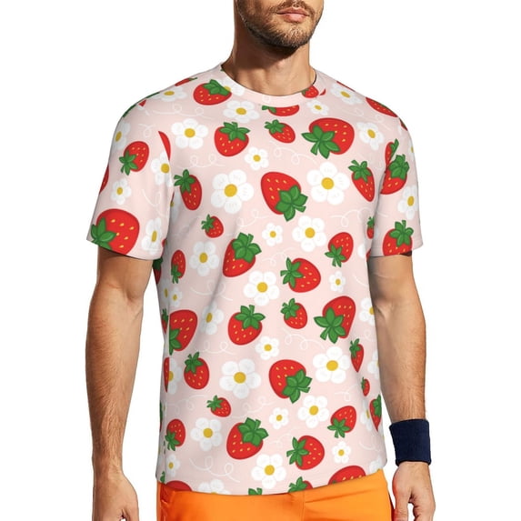 Wukai Strawberry Floral Print Men's Short-Sleeved Mesh T-Shirt,Quick-Dry Short Sleeve Workout T-Shirt-