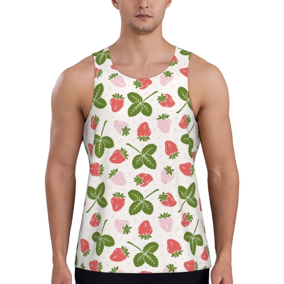 Wukai Strawberry Floral Print Men’s Workout Tank Top Sleeveless Muscle T shirt Gym Running Fitness Tank Top-Large