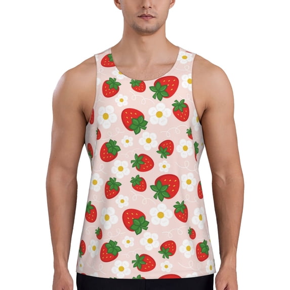 Wukai Strawberry Floral Print Men’s Workout Tank Top Sleeveless Muscle T shirt Gym Running Fitness Tank Top-Medium