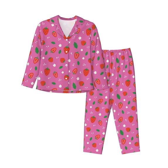 Wukai Strawberry Floral Print Women's Pajama Set - Soft Long Sleeve Sleepwear for Comfort and Style-Small