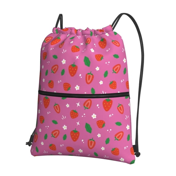Wukai Strawberry Floral Waterproof Drawstring Backpack with Zipper Pocket,Large Foldable Gym Bag for Women and Men, Perfect for Sports, Yoga, and Travel