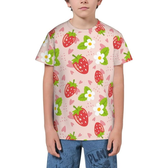 Wukai Strawberry Floral Youth Unisex Short Sleeve T-Shirt for Boys, Girls, Teens, and Kids-Large