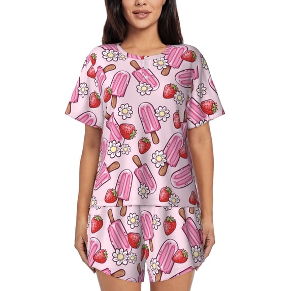 Wukai Strawberry Popsicle Women's Pajama Set,Short-Sleeve Top and Shorts with Elastic Waistband and Pockets for Loungewear, Yoga, and Casual Wear-Medium
