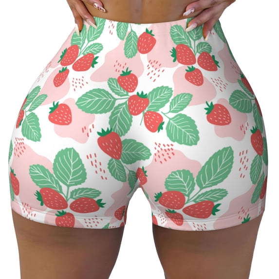 Wukai Strawberry Print Pack Biker Shorts for Women Yoga Workout Gym Running Scrunch Active Shorts-Medium