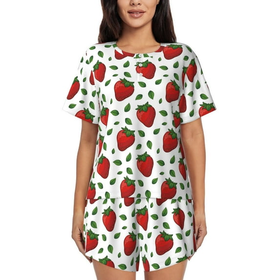 "Wukai Strawberry Women's Pajama Set - Short-Sleeve Top and Shorts with Elastic Waistband and Pockets for Loungewear, Yoga, and Casual Wear-Small