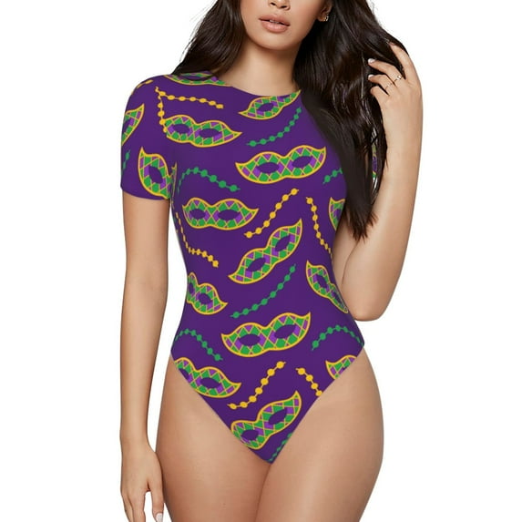 Naloa Carnival Masks and Beads Women's Short-Sleeved Onesie, One-Piece Swimsuit for Parties, dates, clubs - X-Large