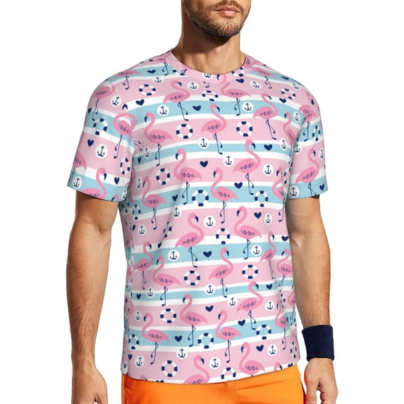 Wukai Striped Flamingo Print Men's Short-Sleeved Mesh T-Shirt,Quick-Dry Short Sleeve Workout T-Shirt-X-Small