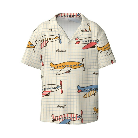 Wukai Striped Vintage Planes Men's Casual Short-Sleeve Button Down Shirt - Lightweight Summer Dress Shirt for Daily Wear-X-Large