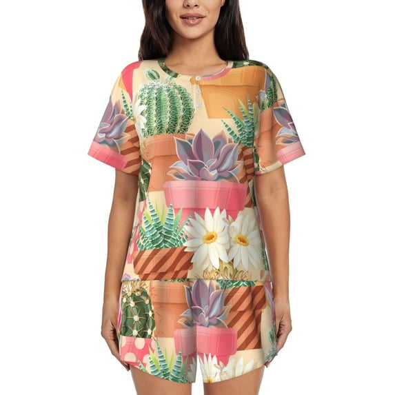 Wukai Succulent And Cactus Print Women's Pajama Set - Short-Sleeve Top and Shorts with Elastic Waistband and Pockets for Loungewear, Yoga, and Casual Wear-Small