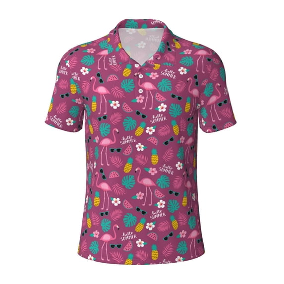 Wukai Summer Flamingo Men’s Polo Shirts,Quick-Dry Athletic Shirt,Classic Fit Shirts-XX-Large